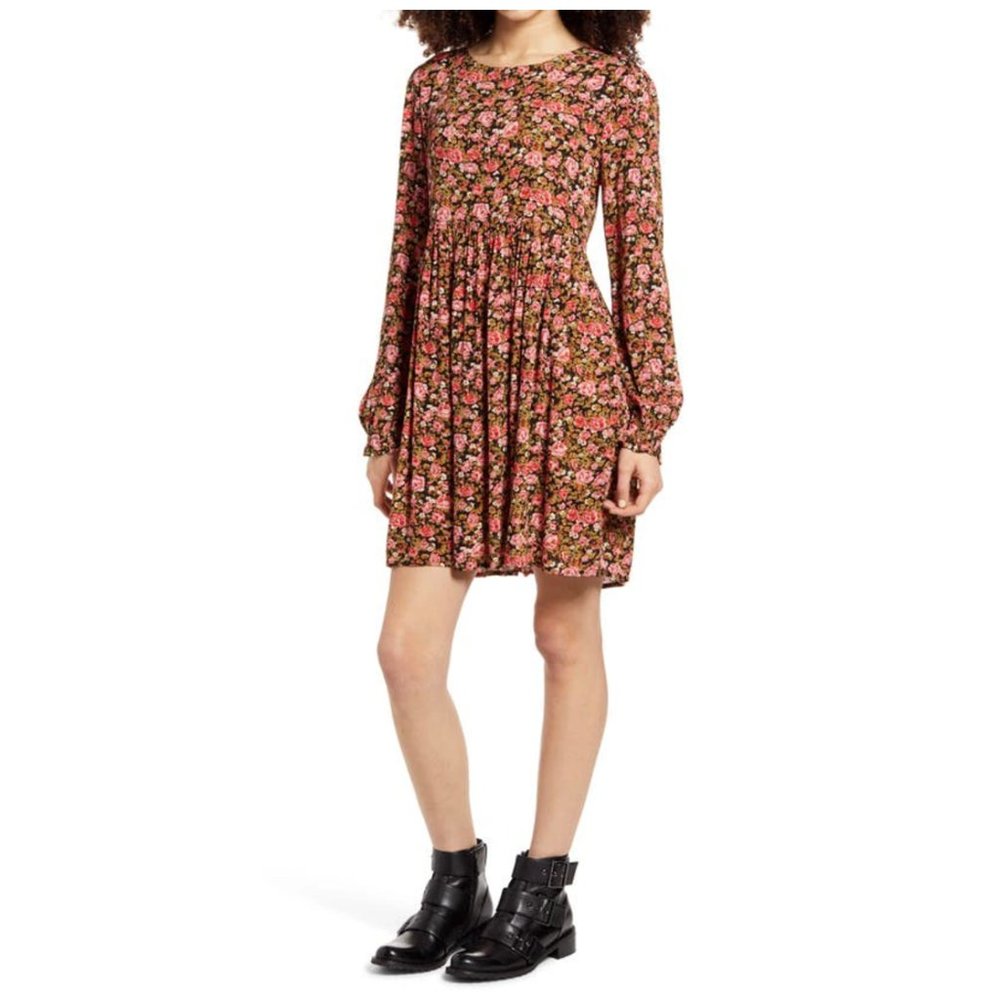 BP. Womens Casual Babydoll Mini Dress Black Red Pink Floral Dress Size Small